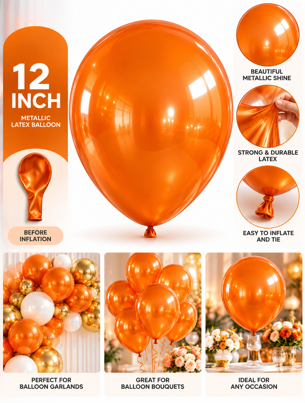 Metallic Balloon 12inches 100ct in "Orange" for Birthdays Parties