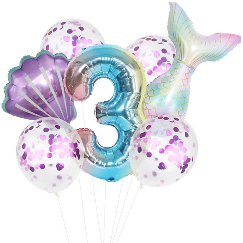 Mermaid Tail Number Balloon Garland 9pcs for party decorations, featuring confetti, shell, and number 3 balloon; perfect for themed events.