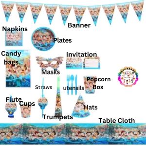 Luca Themed Party Supplies 136pcs kit with tableware, banners, hats, candy bags, masks, ideal for kids' birthday celebrations and events. Main image