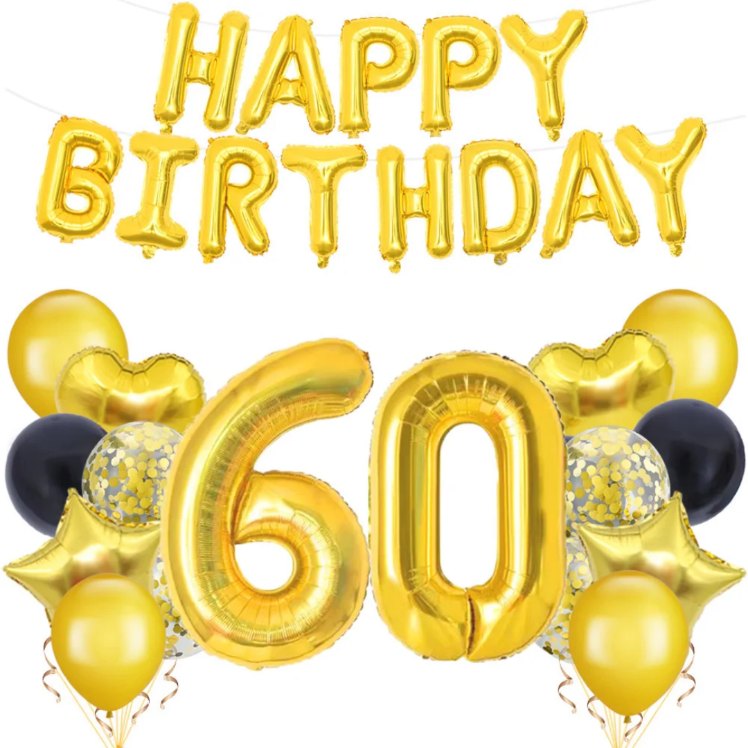 60th Birthday Balloons Bouquet -9 pcs, gold foil number, party supplies, celebration decorations, happy birthday balloons, event decor Main image