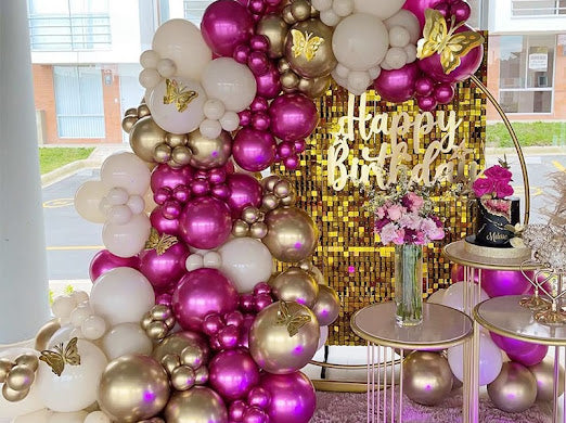 Chrome Magenta and Gold Balloon Arch Kit 127 pcs for themed party, featuring party decorations and birthday celebration