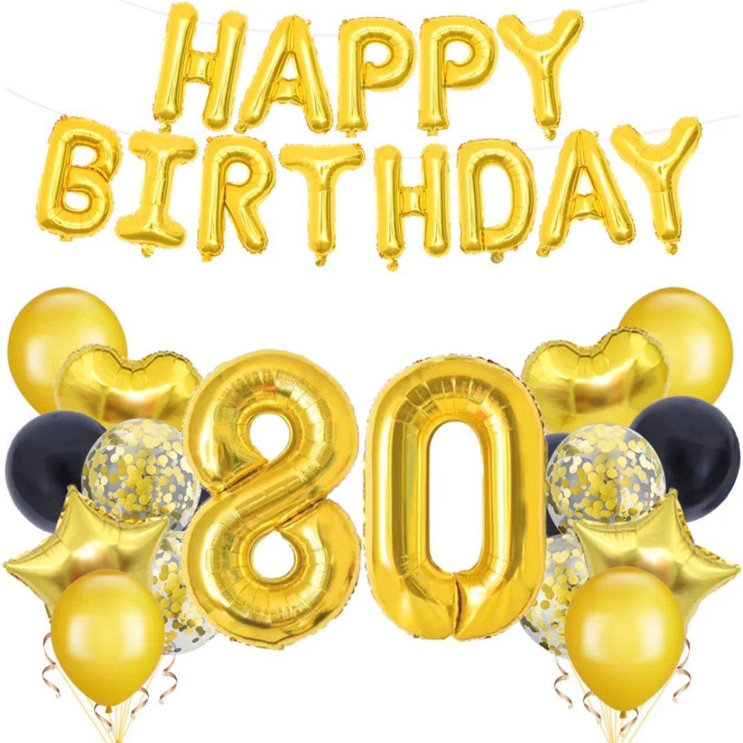 80th Birthday Balloon Bouquet -9pcs, party supplies, gold and black themed party decor, birthday decorations, celebration balloons set