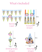 Bluey Character Themed Party Set 179 PCS with banners, trumpets, party hats, and drinking straws for kid's birthday celebrations.
