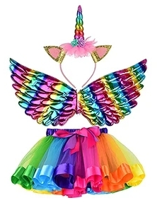 Girls Rainbow Tutu for Birthday Costume Cosplay 3 pcs Set with unicorn wings and headband, perfect for party supplies and themed decor Main image
