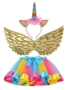 Rainbow Girls Fairy Unicorn Wings tutu 3pcs for Birthday, Costume, Cosplay with gold wings, rainbow tutu, unicorn headband. Main image