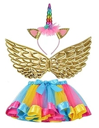 Rainbow Girls Fairy Unicorn Wings tutu 3pcs for Birthday, Costume, Cosplay with gold wings, rainbow tutu, unicorn headband.