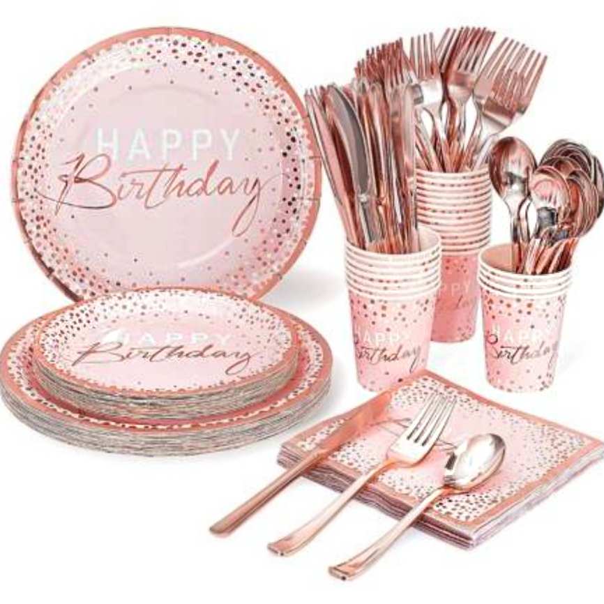 Happy Brithday Party Sets 80pcs - eco-friendly party supplies with plates, cups, and utensils; ideal for themed birthday celebrations.