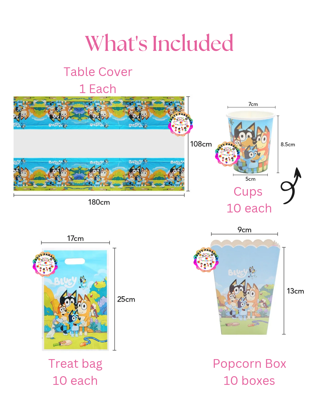 Bluey Character Themed Party Set 179 PCS with table cover, cups, treat bags, and popcorn boxes, perfect for birthday party supplies.