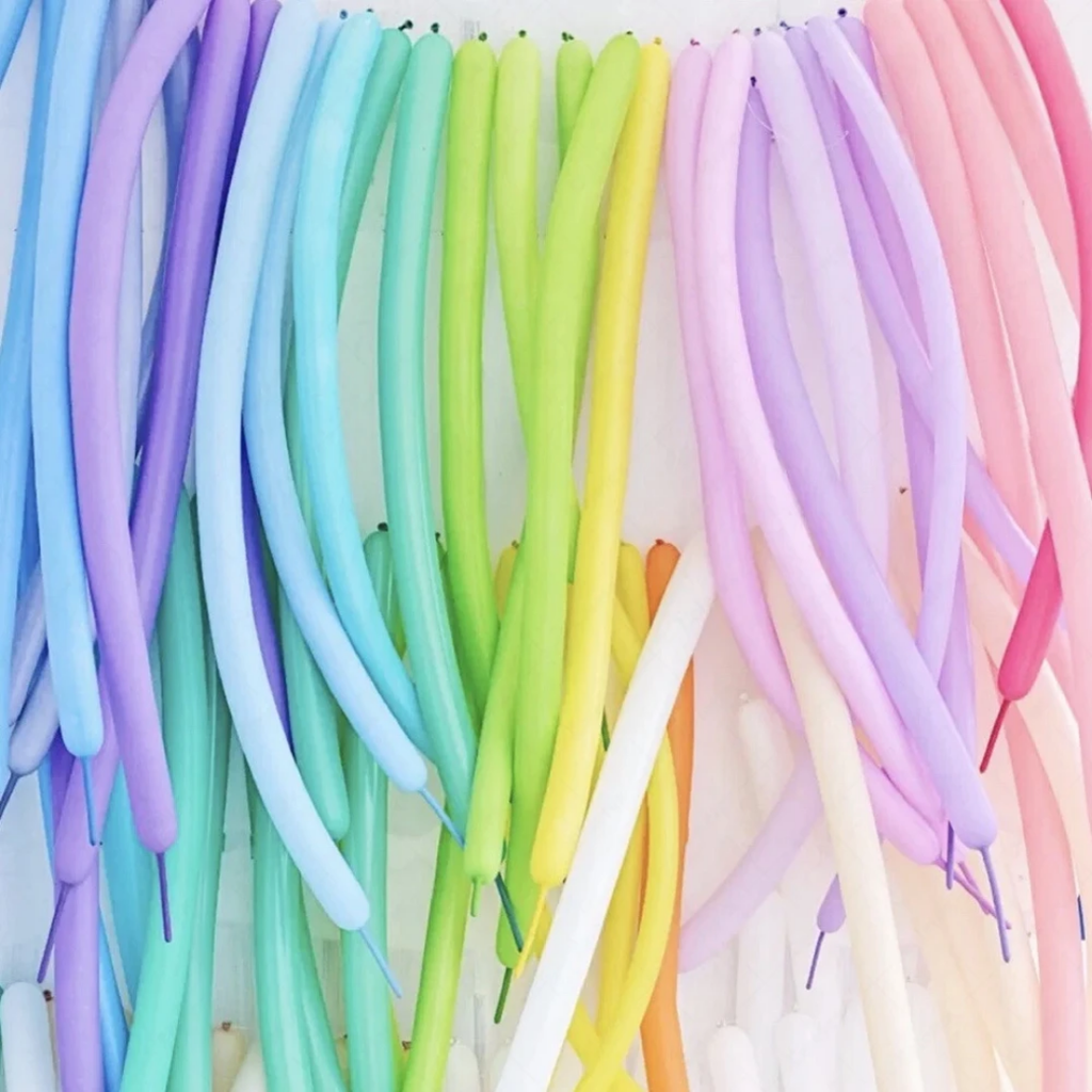 Chrome Multi Color Long Balloons 100ct Per Pack for weddings, birthdays, party supplies, and decorations.