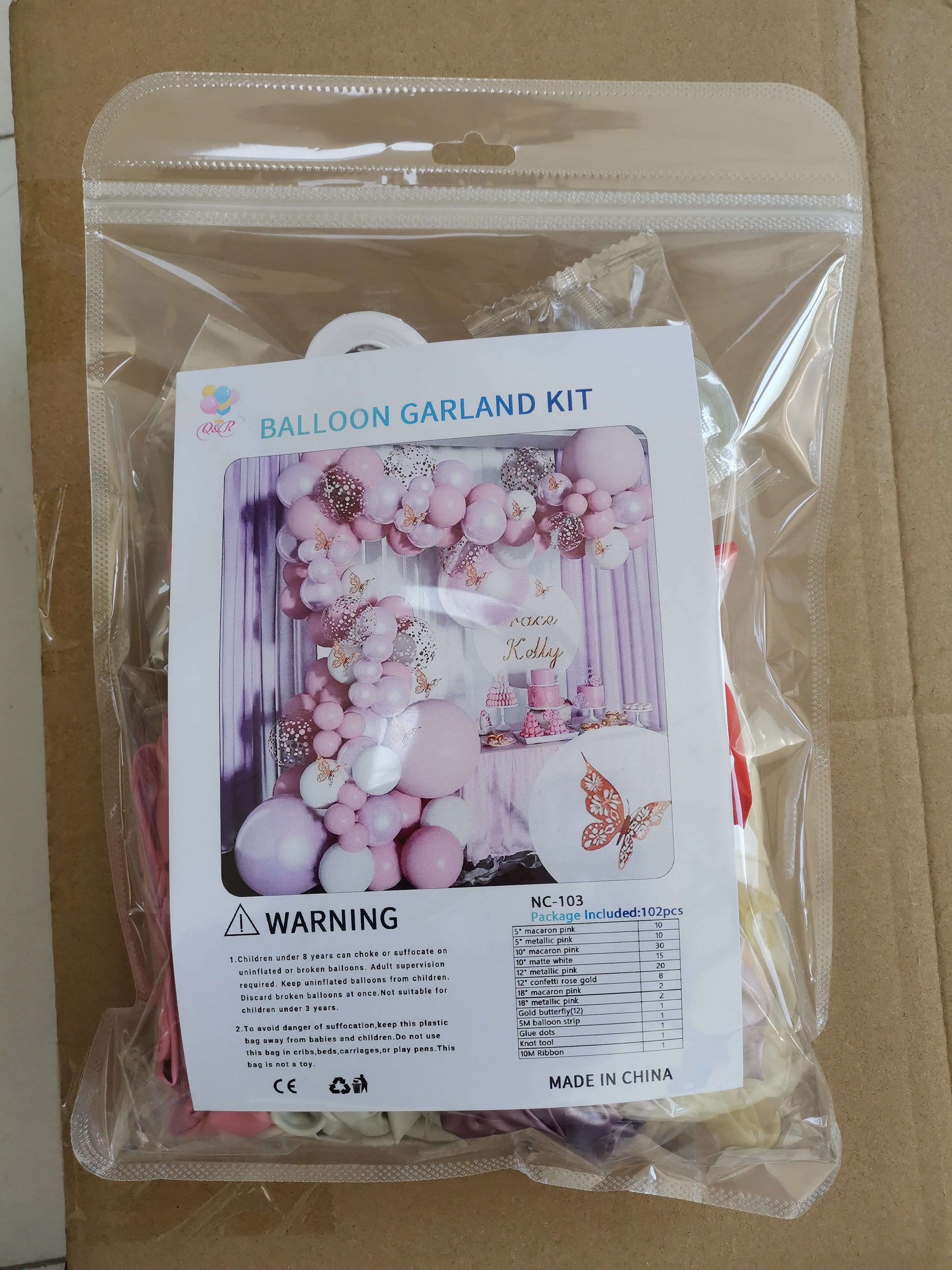 Macaron Pink Metallic Pink 3D Butterfly 102pcs balloon garland kit in packaging, ideal for themed party decorations and celebrations.
