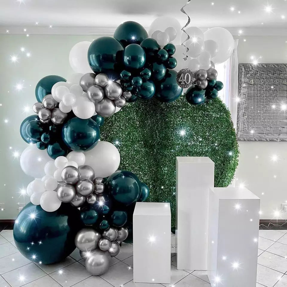 Retro teal blue & matte black, Metallic Silver Garland 164pcs balloon garland for event decorations