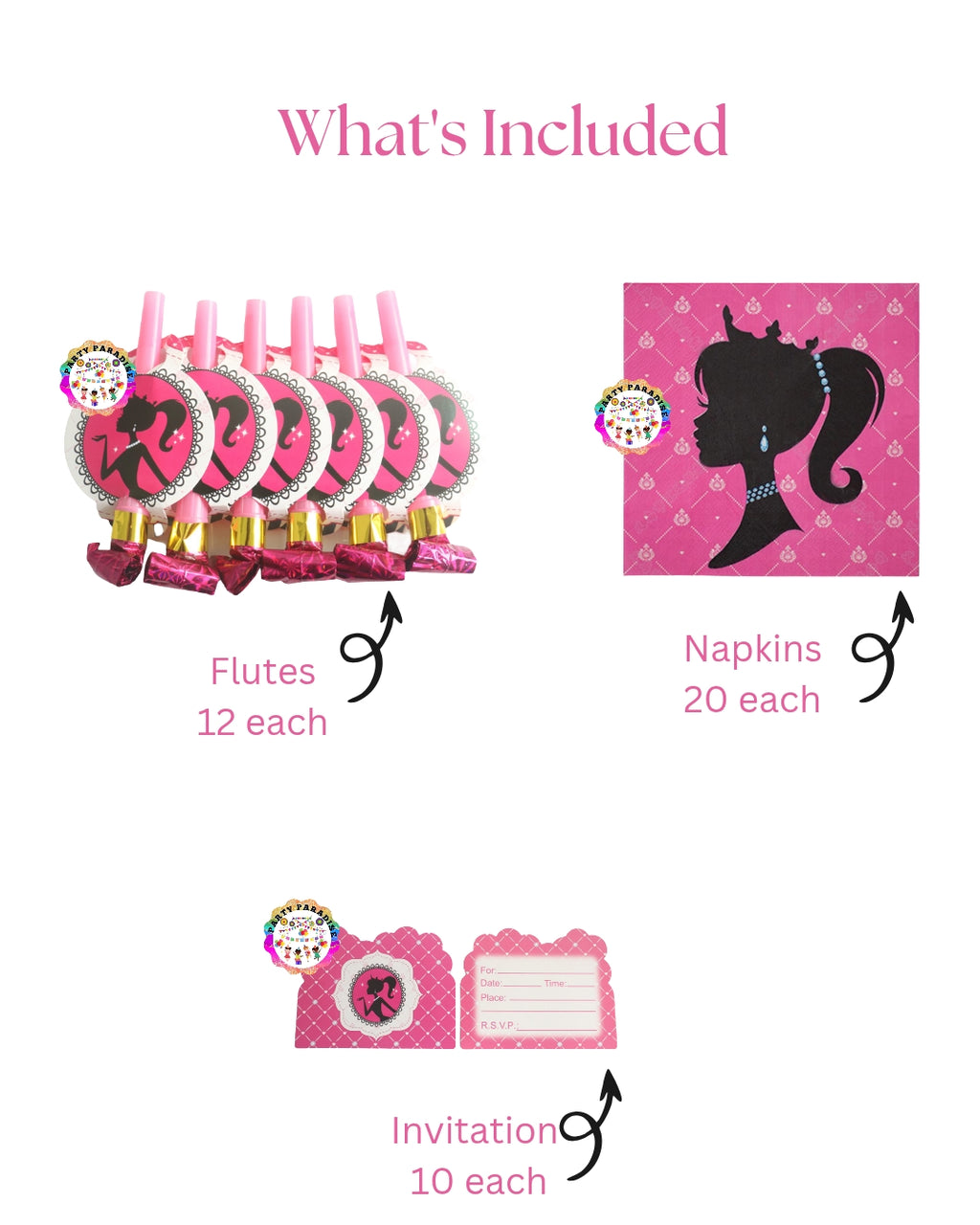 Barbie Tableware Set 126pcs with flutes, napkins, and invitations for themed party decor