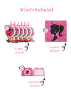 Barbie Tableware Set 126pcs with flutes, napkins, and invitations for themed party decor
