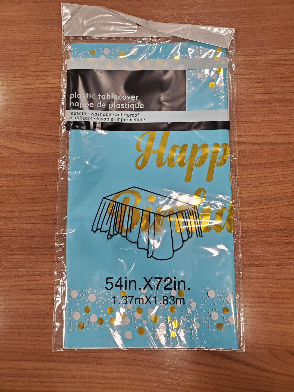 Light Blue Gold and White Decorative Table Cover 54inx72in -1pk, perfect for birthday party supplies and themed decorations.