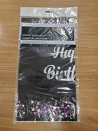 Black Happy Birthday Tablecover party supplies with purple and white decoration, reusable and ideal for birthday parties and events.