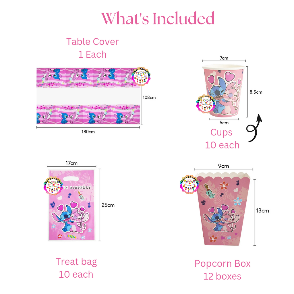 Stitch and Angel Tableware Set 179pcs party decorations, featuring table cover, cups, treat bags, and popcorn boxes.