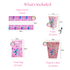 Stitch and Angel Tableware Set 179pcs party decorations, featuring table cover, cups, treat bags, and popcorn boxes.