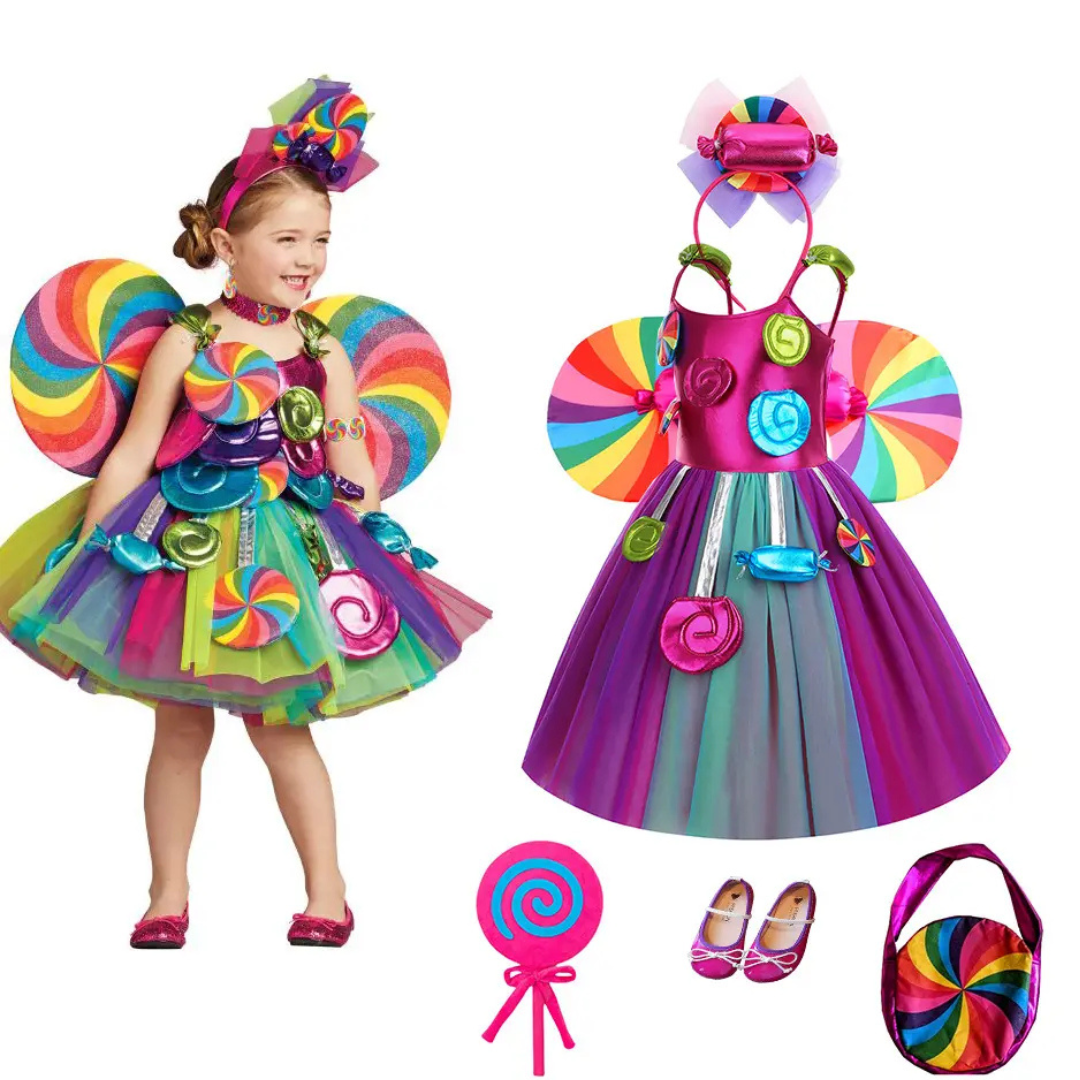 Girls 3D Candy Dress Costume Party Birthday Dress 5pcs with shoes, purse, headpiece, and candy wand, perfect for party decorations. Main image