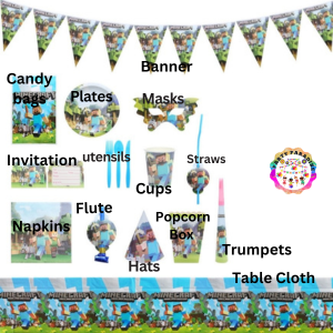 Minecraft Review Party Supplies 136pcs with themed tableware, banners, hats, candy bags, utensils, and popcorn boxes for kids' events Main image