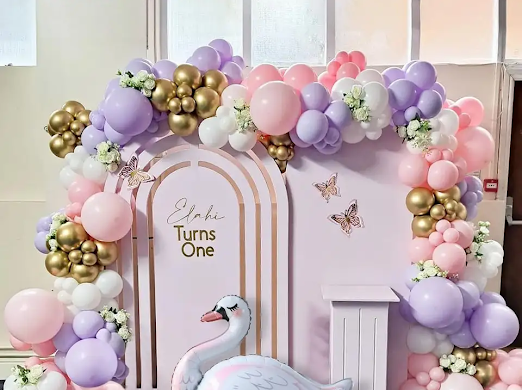 Double stuffed matte white, Macaron Pink, Purple Gold Balloon Garland Kit 155 pc for party decorations
