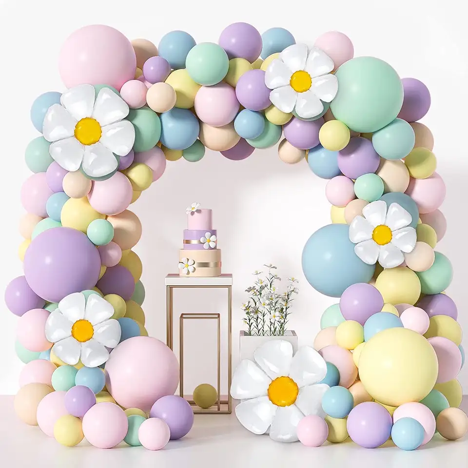 Macaron Pink, Purple, Yellow Balloon Garland Arch Kit 163 pcs with floral accents for party decorations Main image