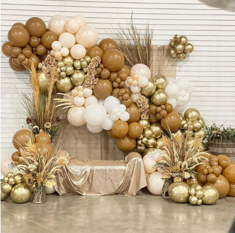 Metallic Gold Macaron Orange Balloon Arch Garland 143 pcs party decorations with white, cocoa balloons for wedding or baby shower.
