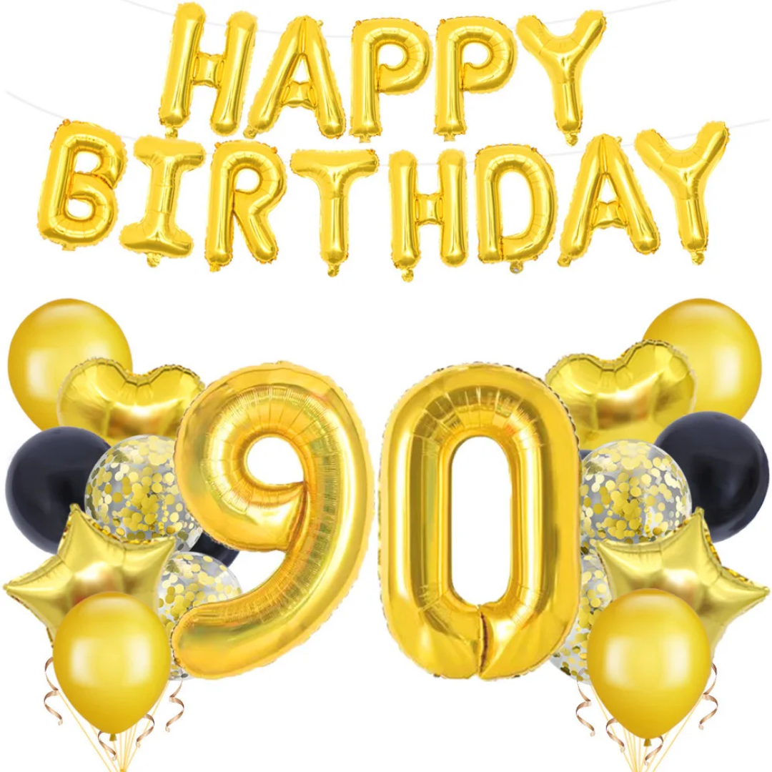 90th Birthday Balloon Bouquet - 9 pcs, gold foil balloons, party decorations, celebration decorations, party supplies, event party accessories Main image