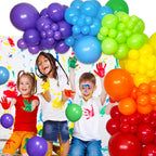 Rainbow Themed Balloon Garland 111pcs for party decorations with kids having fun. Ideal for birthday party and celebration decor.