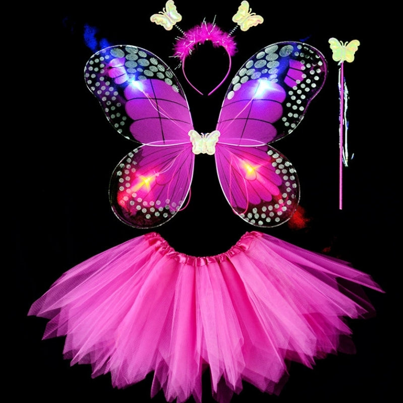 Girls Butterfly Tutu 4pc Led light Set costume with wings, tutu, headwear, wand; perfect for themed party or event.