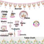 Unicorn Themed Party Set 136 pcs, ideal for kids party decor with tableware, party hats, masks, candy bags, and banner.