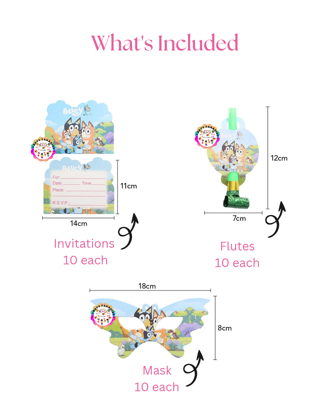 Bluey Character Themed Party Set 179 PCS with invitations, flutes, masks; perfect party supplies and decorations for birthdays, events.