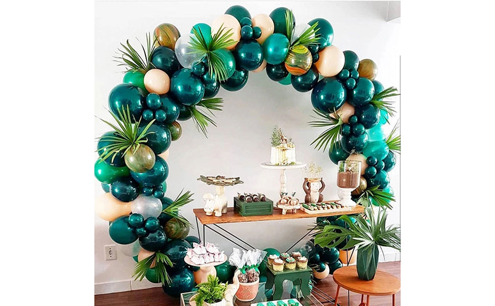 Round Metal Arch Backdrop Stand in Gold with green balloon garland, party supplies, theme decor for weddings, birthdays, baby showers