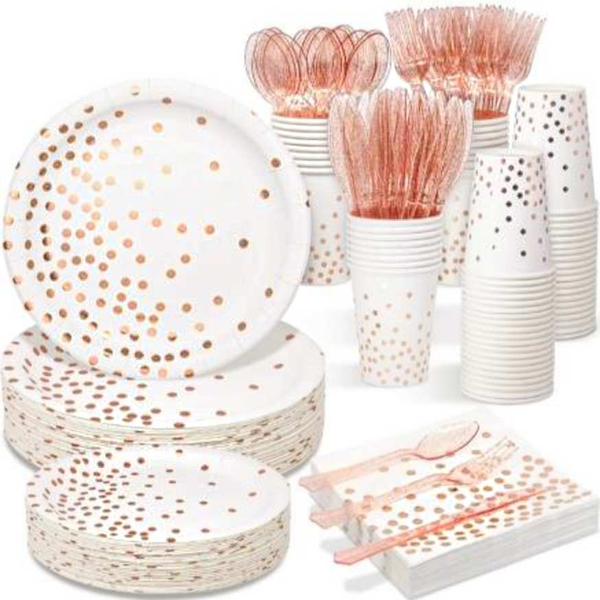 White and Rose Gold Party Tableware Sets 80pcs, featuring biodegradable plates, cups, forks, spoons, knives, and napkins for elegant events.