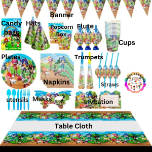 Sonic Themed Party Set 136pcs with tableware, hats, candy bags, banner, napkins, and decorations for kids' birthday party supplies.