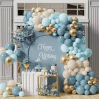 Retro aquamarine, ice mist blue, chrome gold 167 pcs balloon garland kit for party decorations. Elegant themed party decor display.