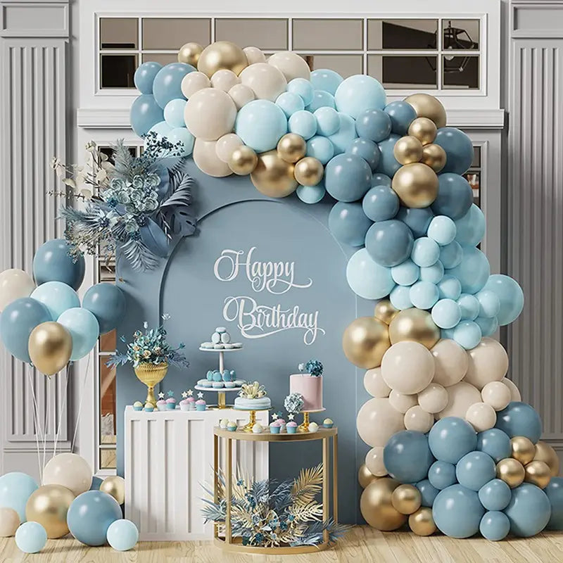 Retro aquamarine, ice mist blue, chrome gold 167 pcs balloon garland kit for party decorations. Elegant themed party decor display.