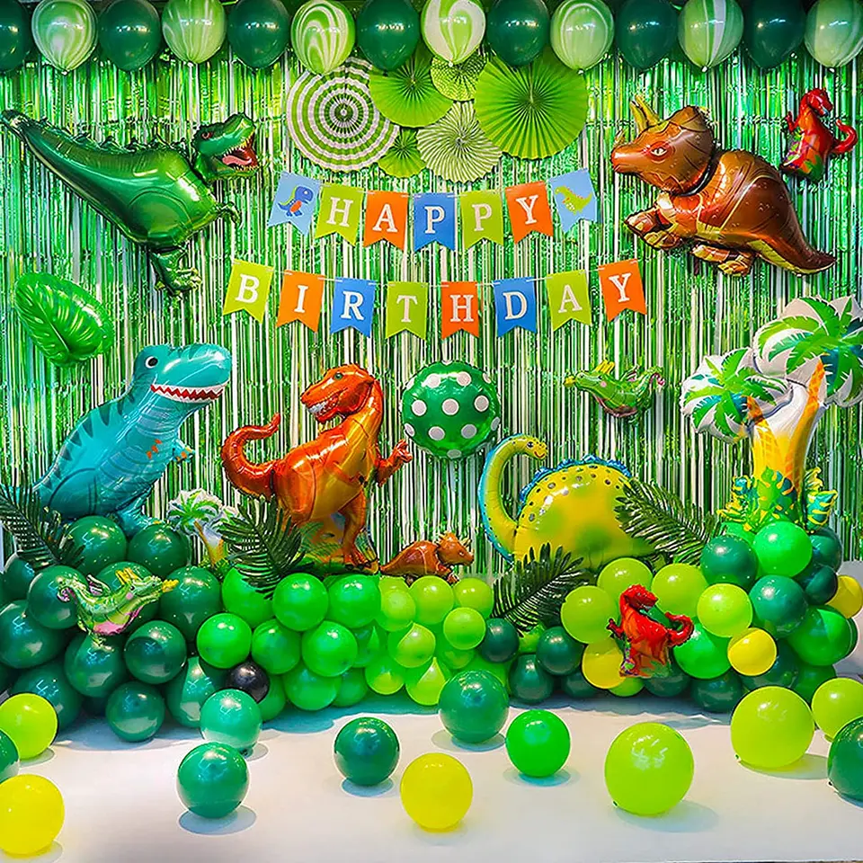 Dianosurs Birthday Party Garland Kit-84pcs with dinosaur balloons, Happy Birthday banner, and green themed decorations for celebrations.
