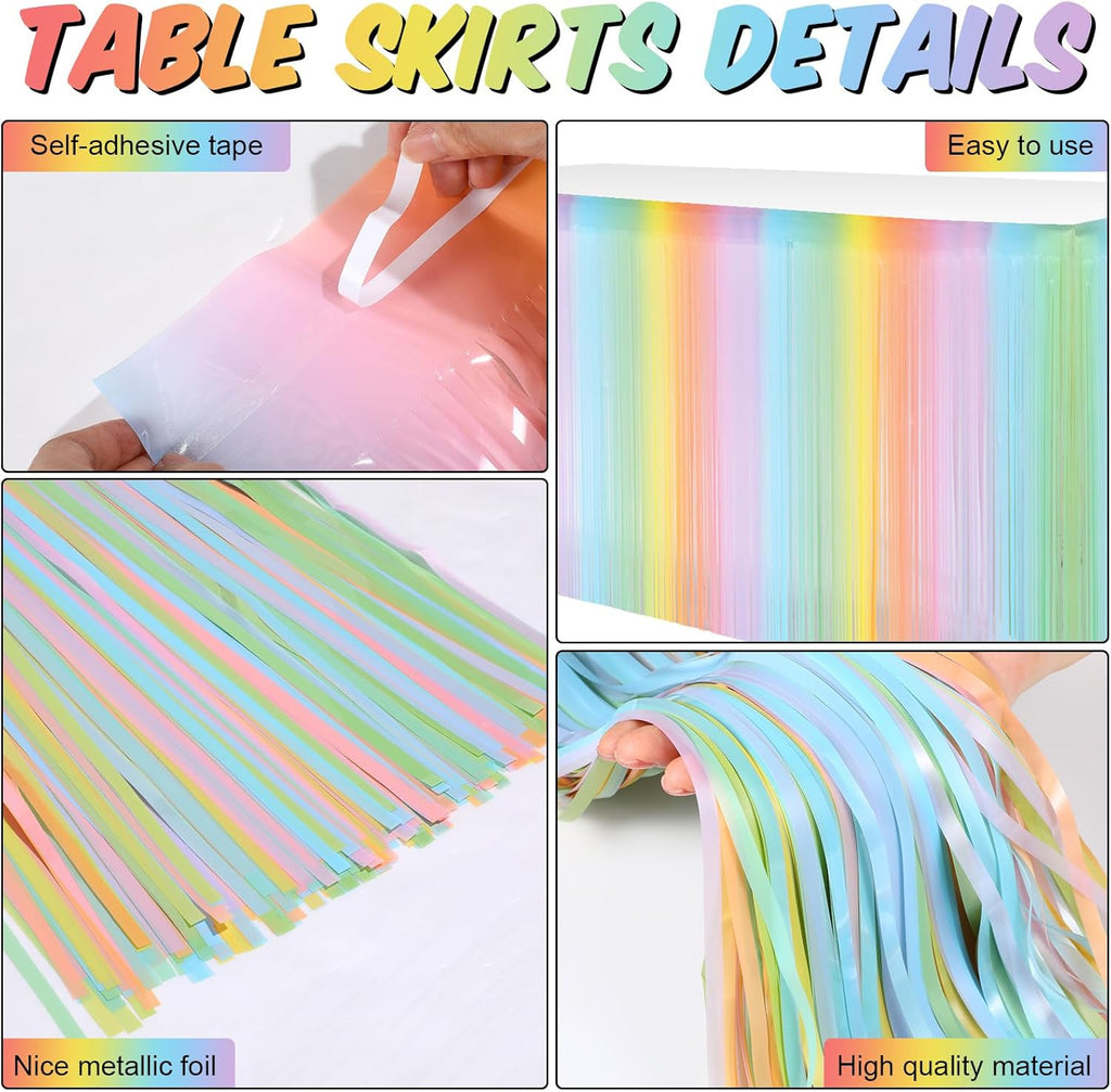 Rainbow Pastel Fringe Table Skirt 2ft x 9ft (2packs) for party decorations and supplies
