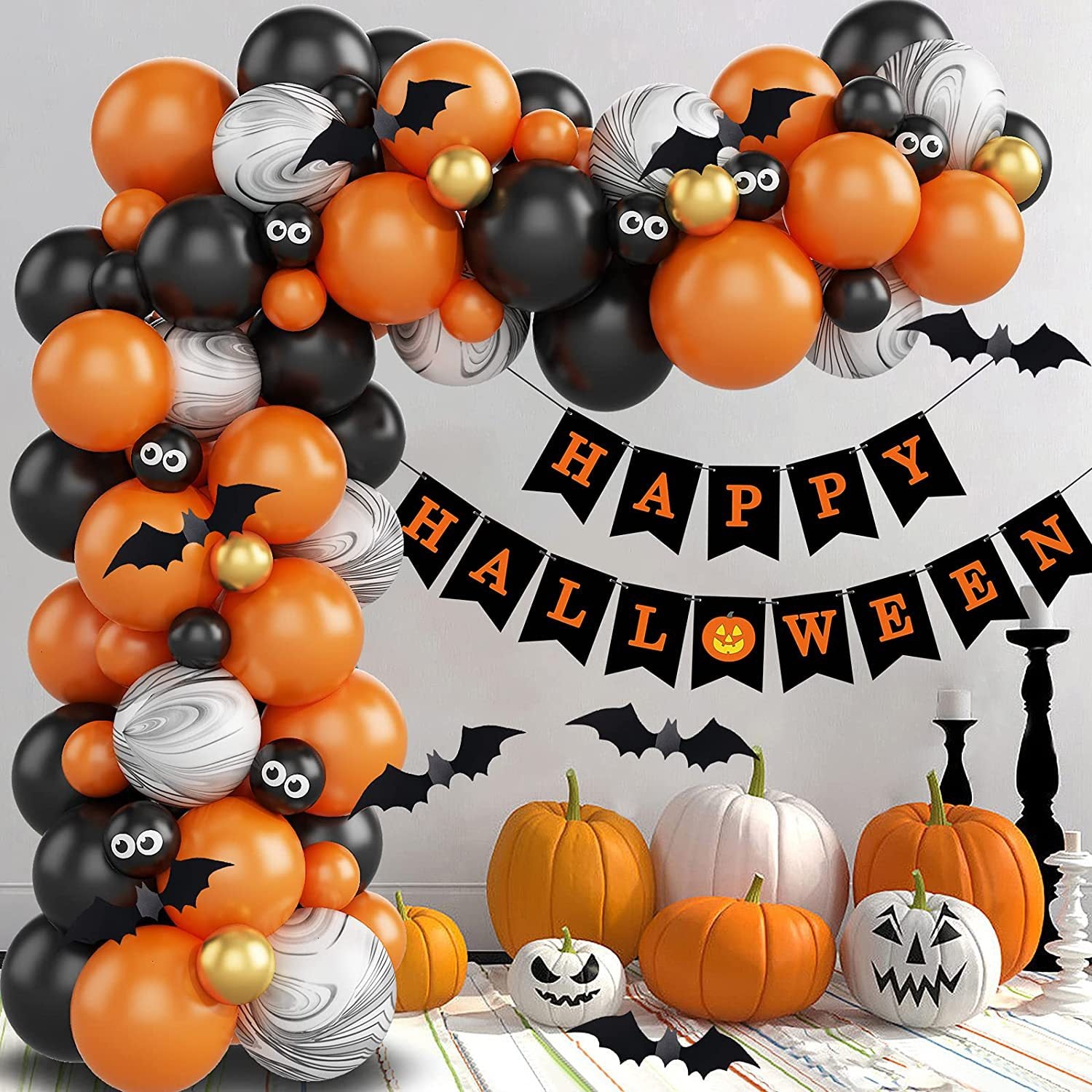 Happy Halloween Balloon Garland Kit 111pcs, perfect for themed party decorations with orange and black balloons, bat stickers, and banner.
