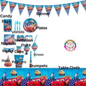 Cars Themed Party Tableware Set 136pcs with plates, banner, party hats, utensils, and candy bags.