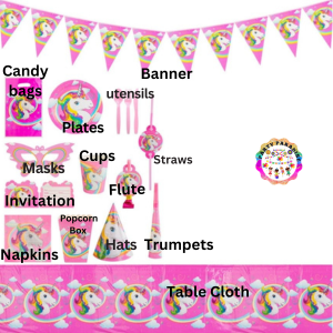 Unicorn Themed Party Set tableware with banner, plates, candy bags, utensils, and decorations for kids party supplies and themed party decor. Main image