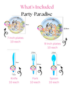Bluey Character Themed Party Set 179 PCS - party plates, cutlery, and decorations for kids birthday celebrations. Shop event supplies online.