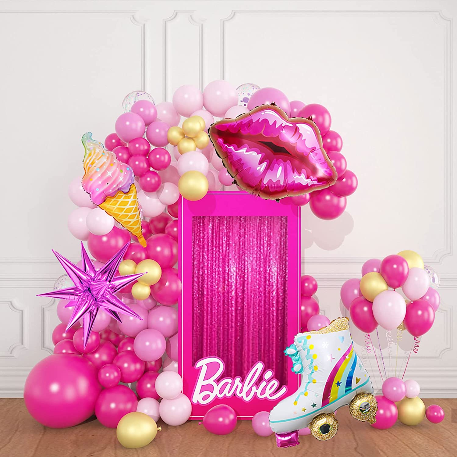 Matte Rose Red Chrome Gold Skin Pink 126 pcs Kit with balloons, party decorations, celebration decor for themed parties and events.