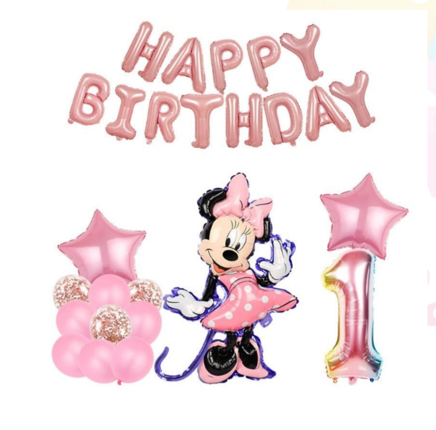 Happy First Birthday Mini Mouse Garland Kit 16pcs with balloons, stars, and birthday banner for themed party decoration. Main image