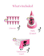 Barbie Tableware Set 126pcs party supplies, hats, banner, tablecovers for themed party decor.