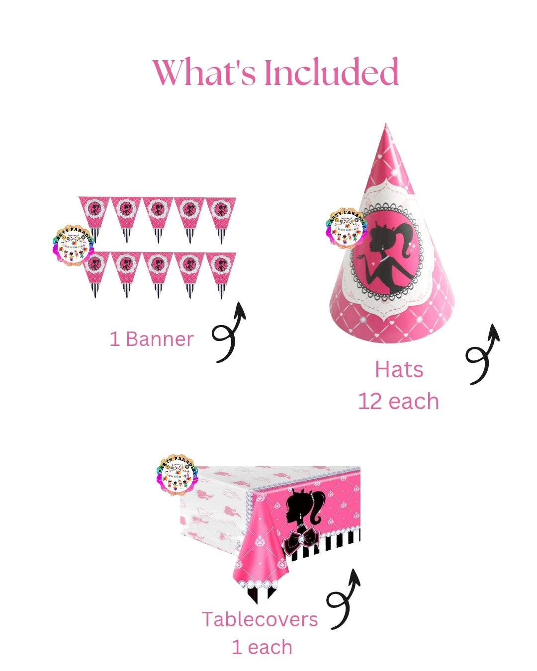 Barbie Tableware Set 126pcs party supplies, hats, banner, tablecovers for themed party decor.