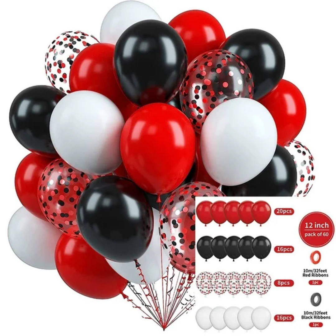 Red, black, white, confetti balloon bouquet 60 pcs, perfect for themed party decor, birthday party supplies, and event party accessories.