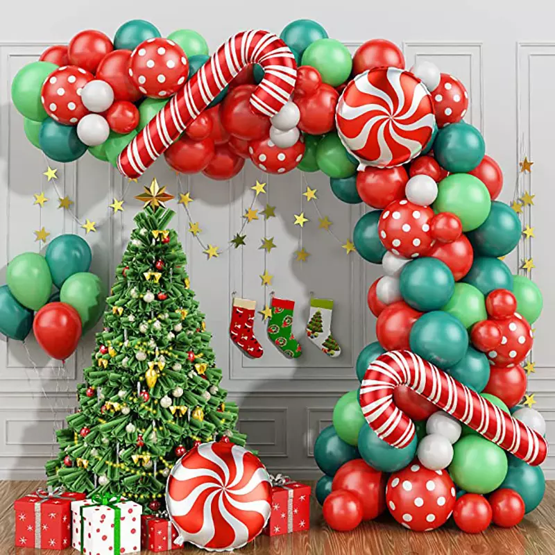 Merry Christmas Balloon Garland Kit -2 83pcs, perfect for holiday party decorations, includes red, green, polka dot balloons, candy foil balloons. Main image
