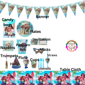 Moana Themed Tableware set 136pcs with party supplies including plates, napkins, utensils, banner, hats, and candy bags for kids' events. Main image