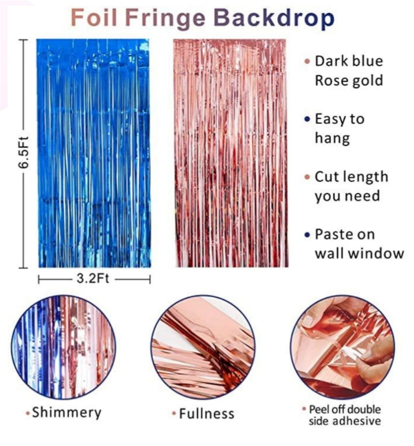 Foil fringe backdrop in dark blue and rose gold, easy to hang for party decorations, 6.5ft x 3.2ft, shimmery event party decor.